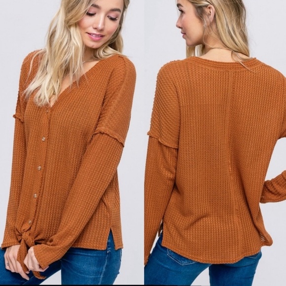 (18)🍁New Fall🍁 Waffle Knit Button Down Front Tie Casual Relaxed Fit Top - Picture 3 of 7